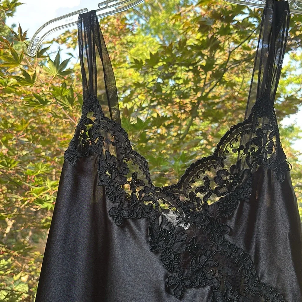 Vintage 80’s Embellished Black Lace Mini Slip Dress Goth Whimsical Fairy Medium - Picture 8 of 17